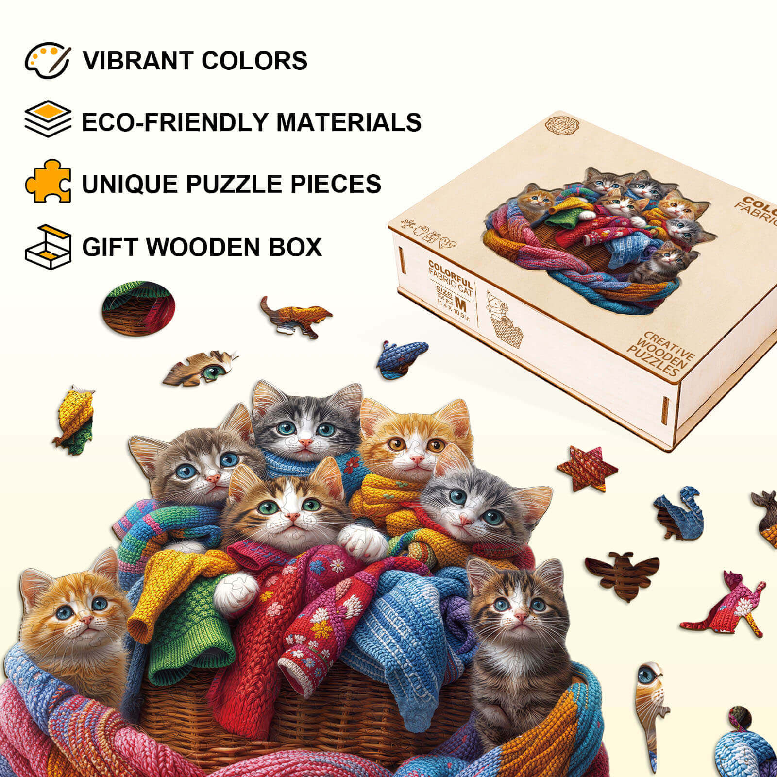 Colorful fabric cat Wooden Jigsaw Puzzle
