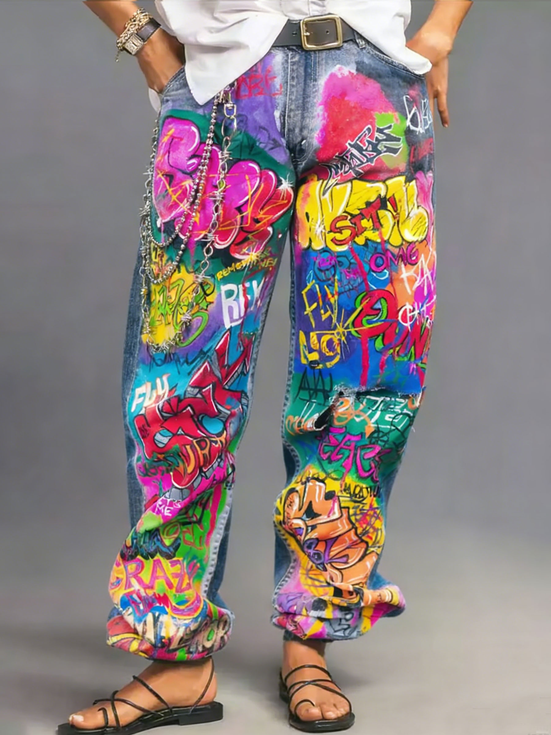 Women’s Stylish Multicolor Print Casual Denim Pants