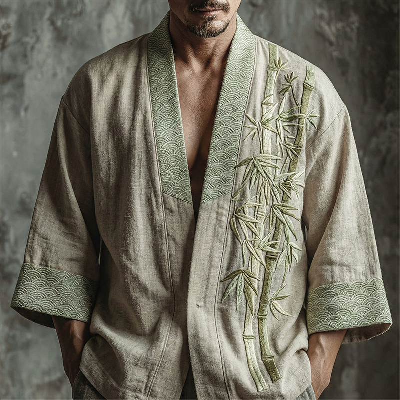 Men's Japanese Bamboo Art Pattern Linen Blend Kimono Cardigan