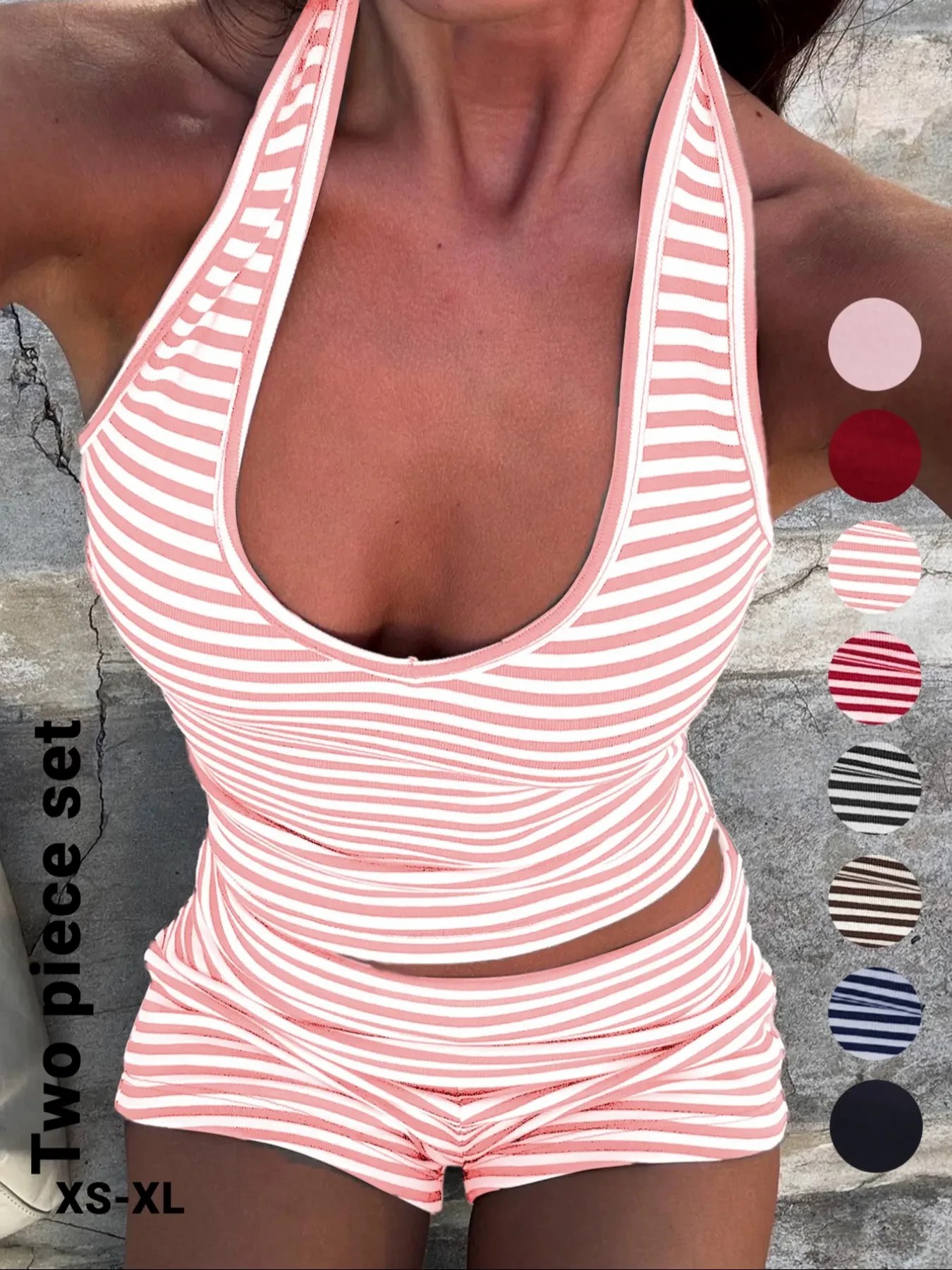 Women's Casual Striped Halter Neck Crop Top & Shorts Set, Summer Fitted Two-Piece, Regular Length, Moderate Fabric Thickness, Womenswear