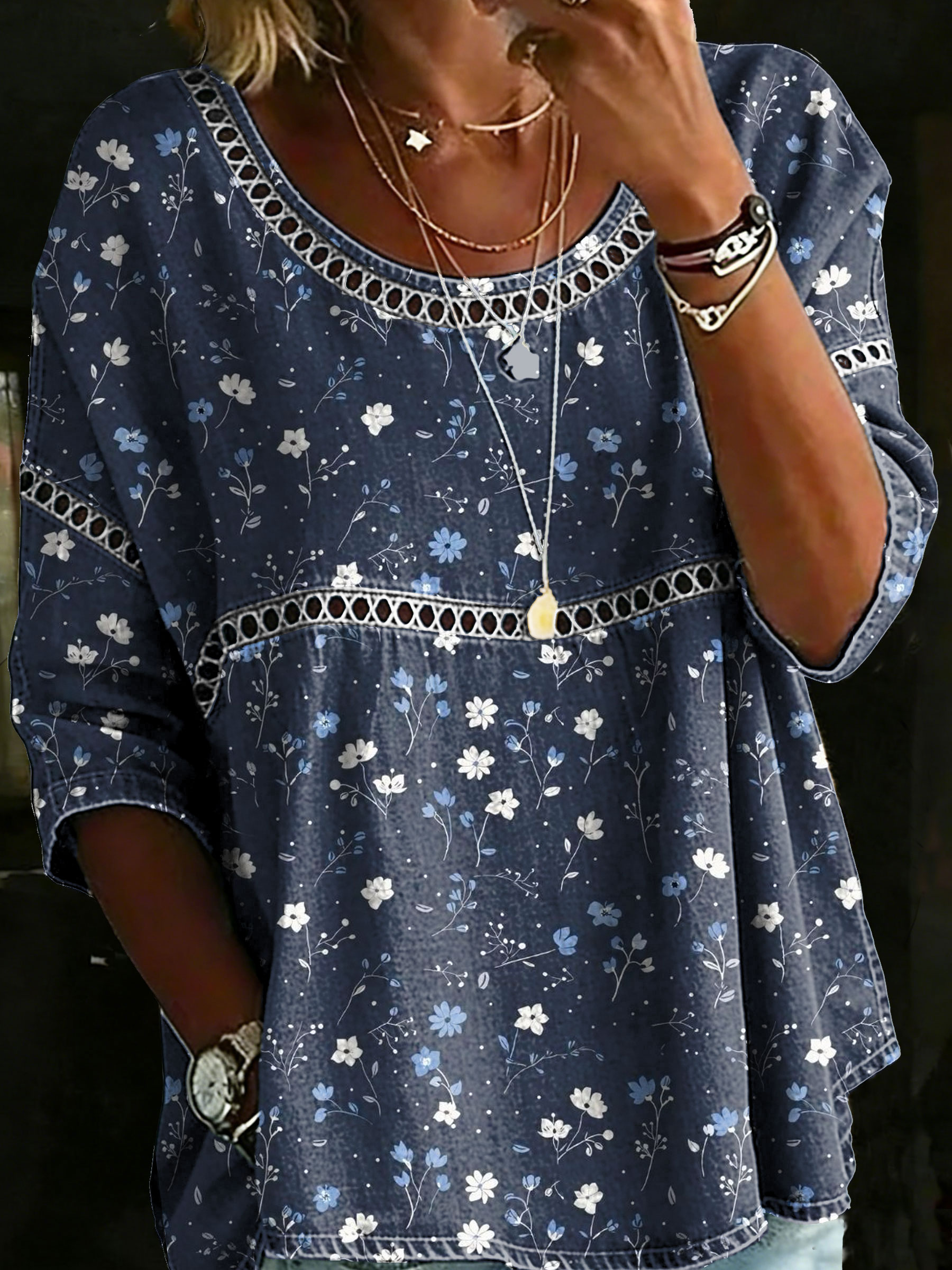 Women's Vintage Flower Casual Loose Denim Blouse Shirt