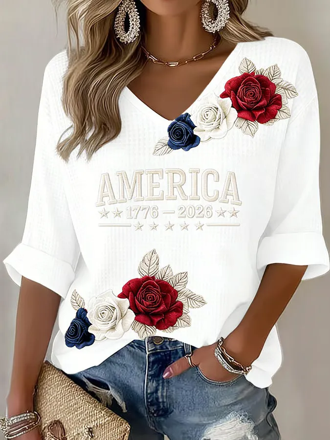 Women's American 250th Anniversary Three-Quarter Sleeve V-Neck Top