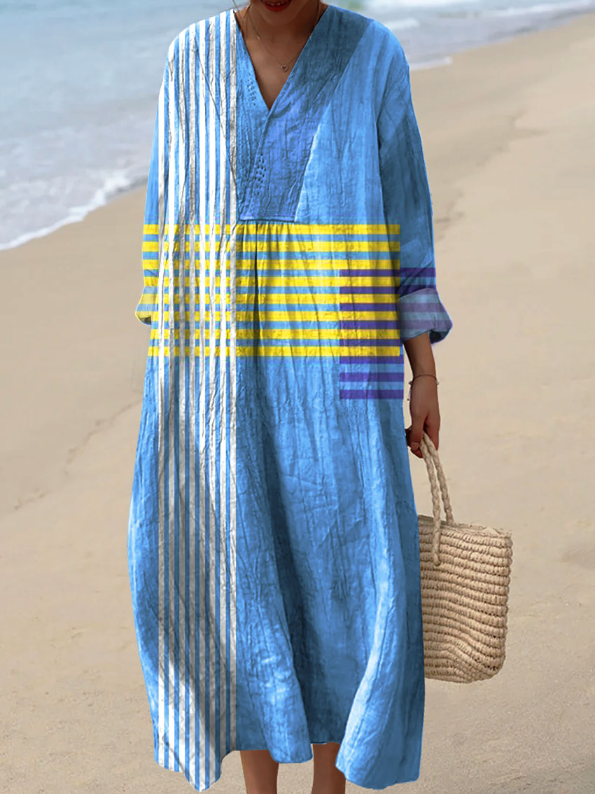 Women's Colorful Abstract Geometric Stripes Art Print Casual Cotton And Linen 3/4 Sleeve Shirt