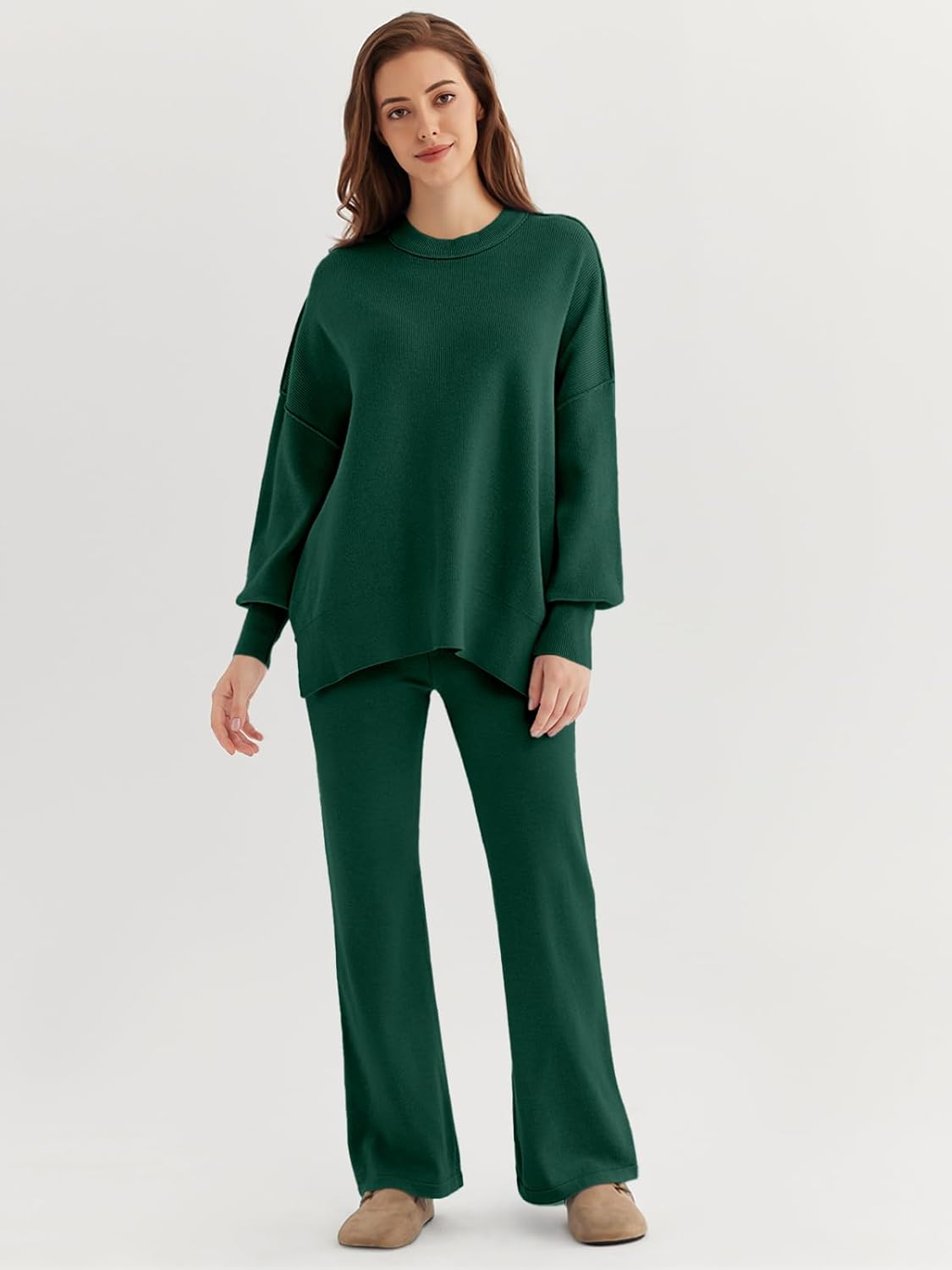 🎄Christmas Clearance 🔥Women 2 Piece Outfits Sweatsuit Sweater Sets Oversized Knit Pullover Tops Wide Leg Pants Lounge Set