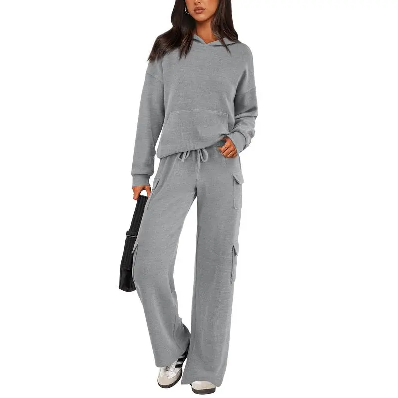 Women's Fall Knitted Hoodie Tracksuits Wide Leg Pants With Pocket Sets