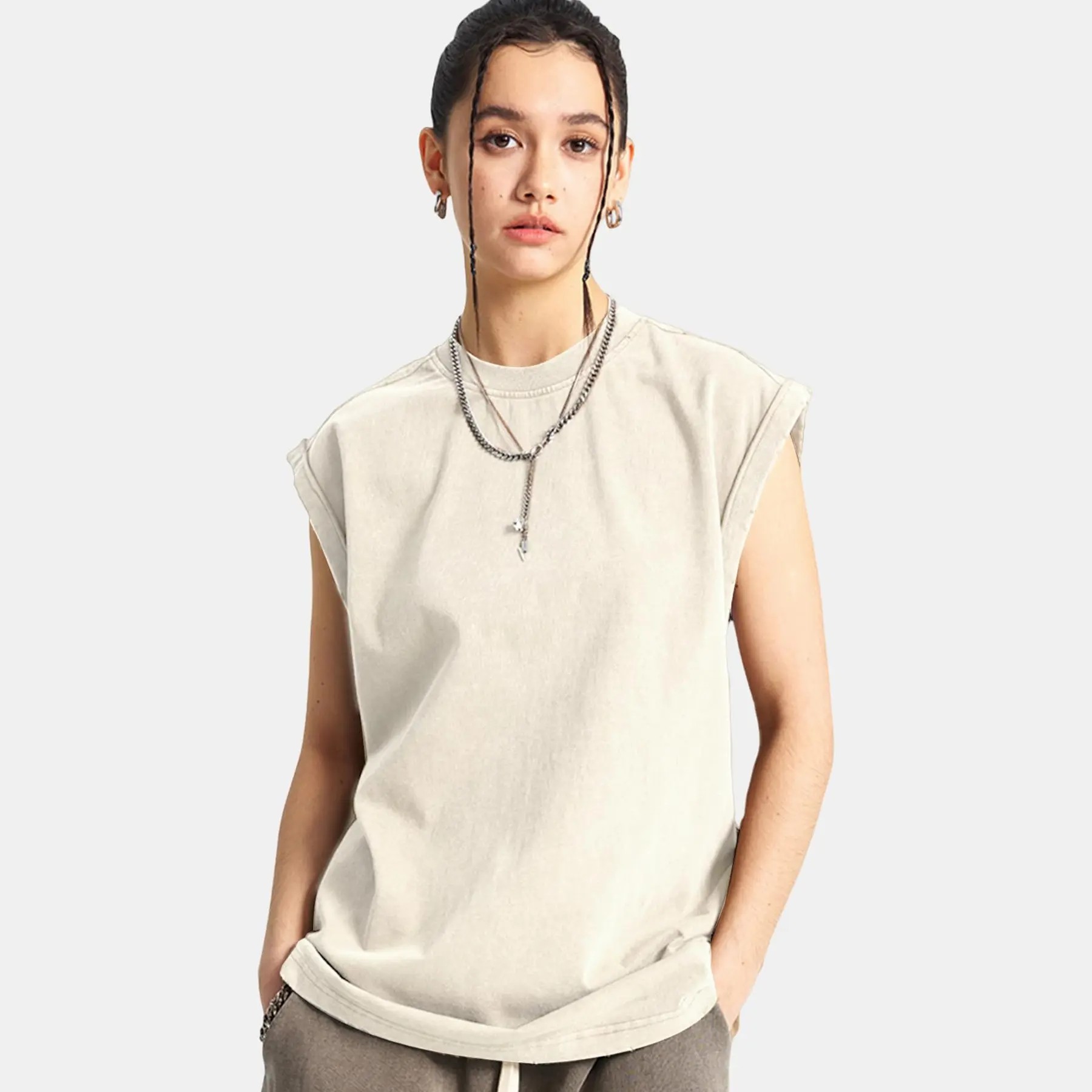 Unisex Cotton Workout Tank Tops Sleeveless Acid Wash Tshirts