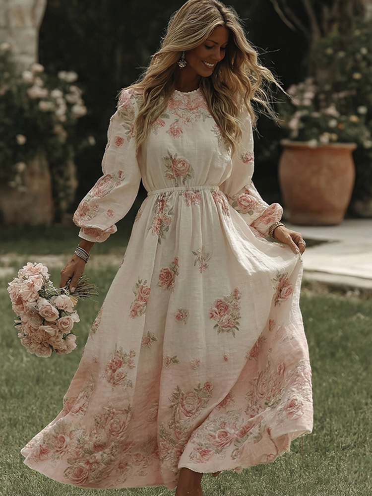 Women's Vintage Pink Rose Art Flowy Maxi Dress
