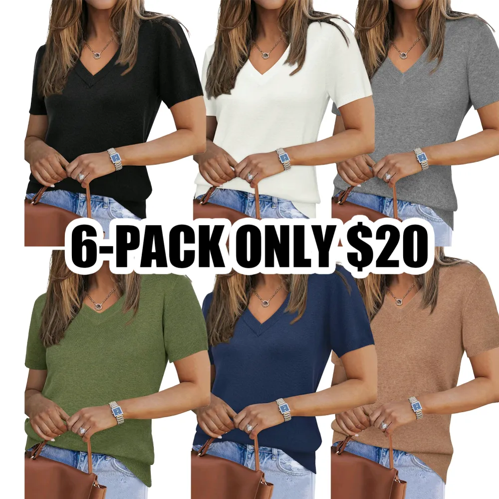 Arach&Cloz Women's 2025 Wool-Blend V-Neck Sweater – Soft Short Sleeve Knit Pullover Top for Spring Business Casual Looks