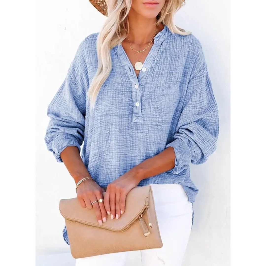 Women's Casual Button V Neck Long Sleeve Shirts Oversized Solid Blouses Tops 100% Cotton