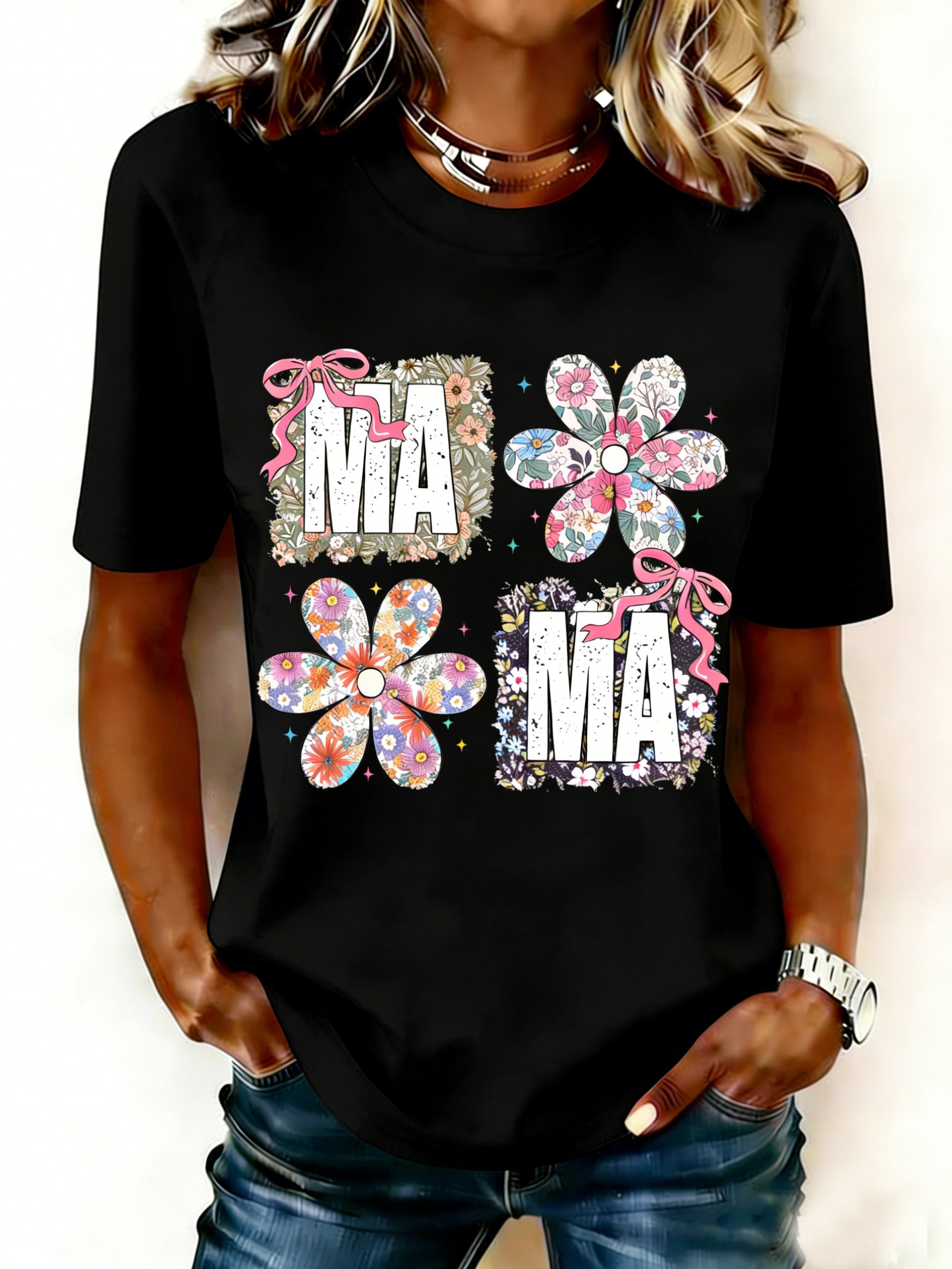 Mother's Day Letter Pattern Floral Short Sleeve Round Neck Loose  Casual T-Shirt