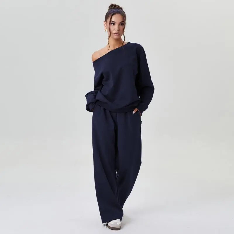 Women's Leisure Solid Color Sloping Shoulder Long Sleeve Top & Wide-Leg Trousers Set