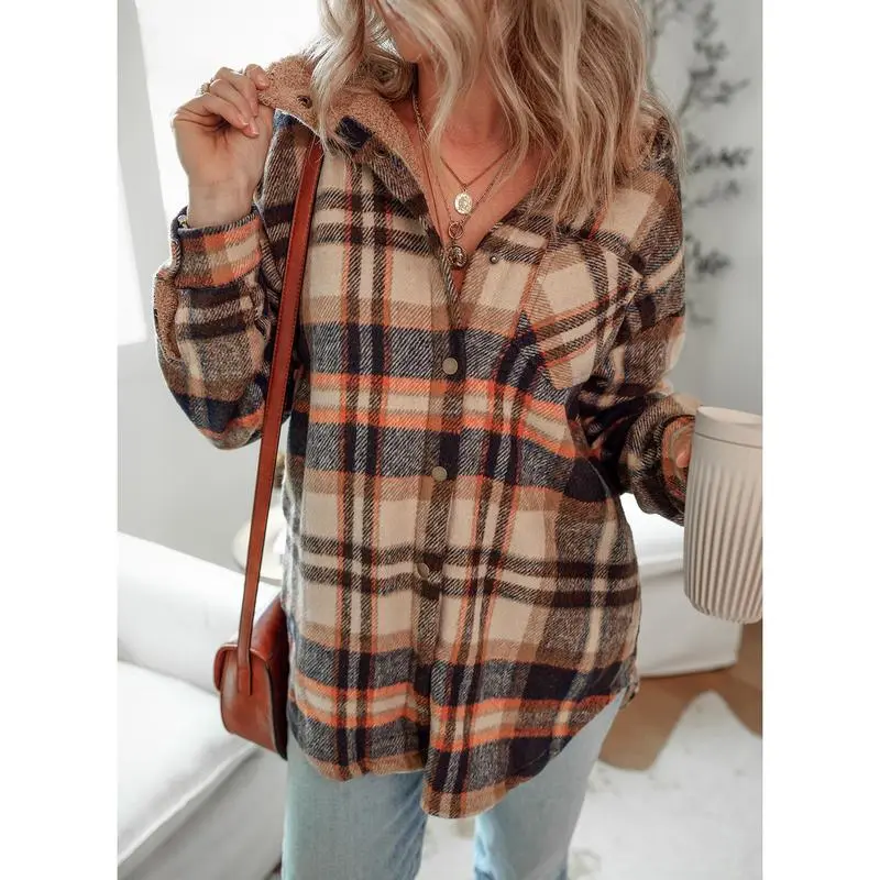 Women's Flannel Hooded Plaid 2025 Shacket