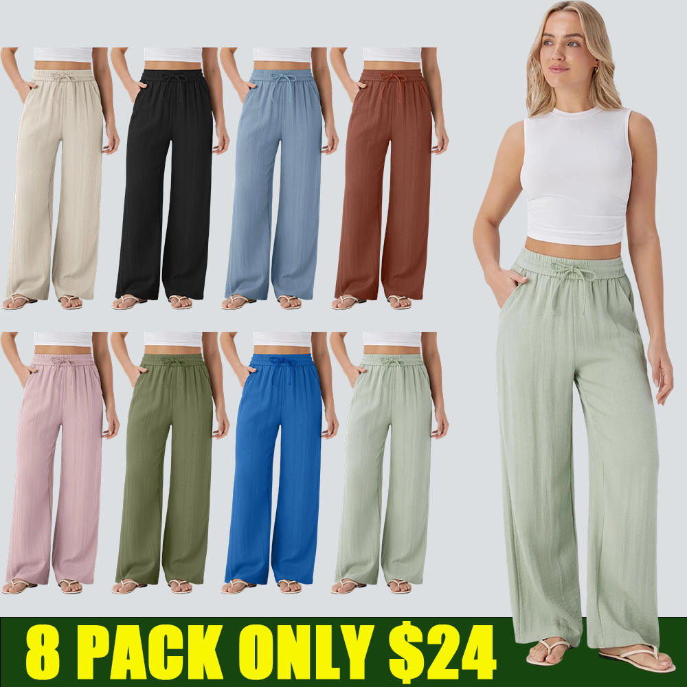 Women's High Waist Drawstring Wide Leg Linen-Feel Casual Pants with Pockets