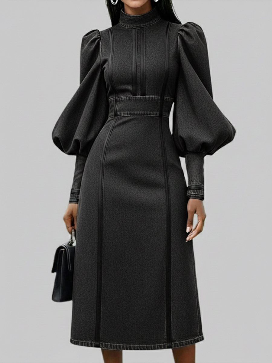 Fashionable Patchwork Leather Lantern Sleeve Denim Dress