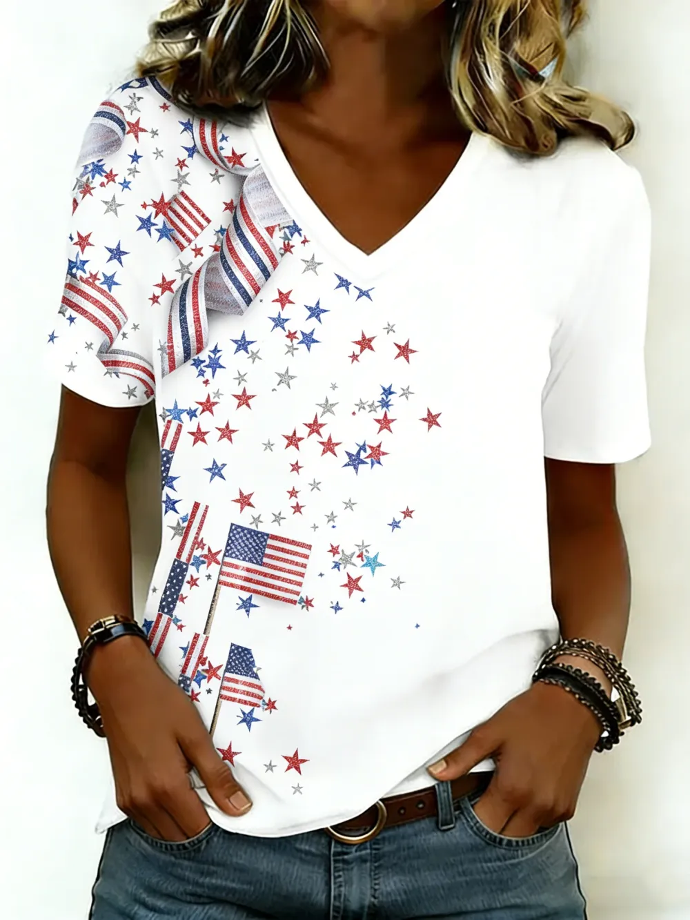 Casual Star V Neck Short Sleeve T-shirt