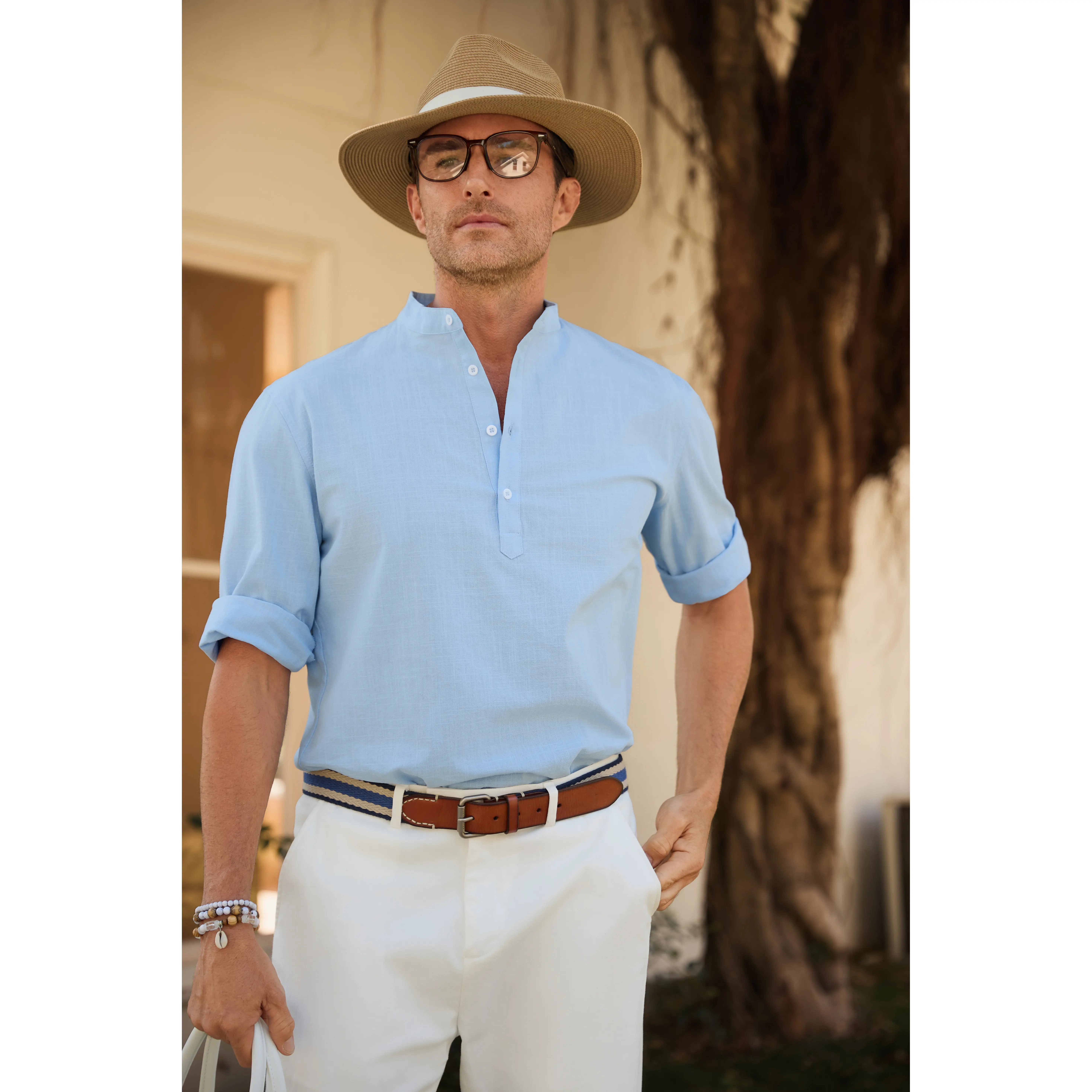 Men's Linen Cotton 3/4 Sleeve Henley T-Shirt
