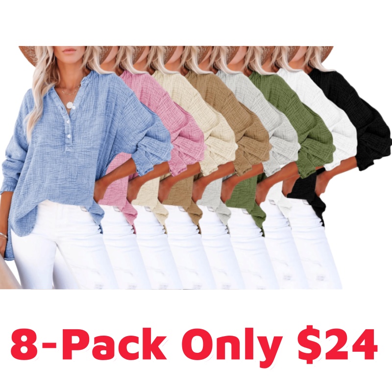 🔥Womens Casual Gauze Button Neck Long Sleeve Oversized BlousesTops