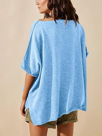 Casual Short Sleeve Blouse with Side Slits