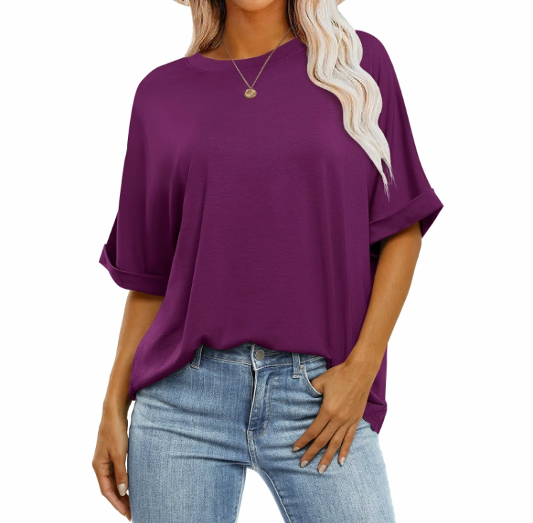 2025 Women's Oversized T-Shirt - Crewneck, Short Roll Sleeves, Relaxed Fit