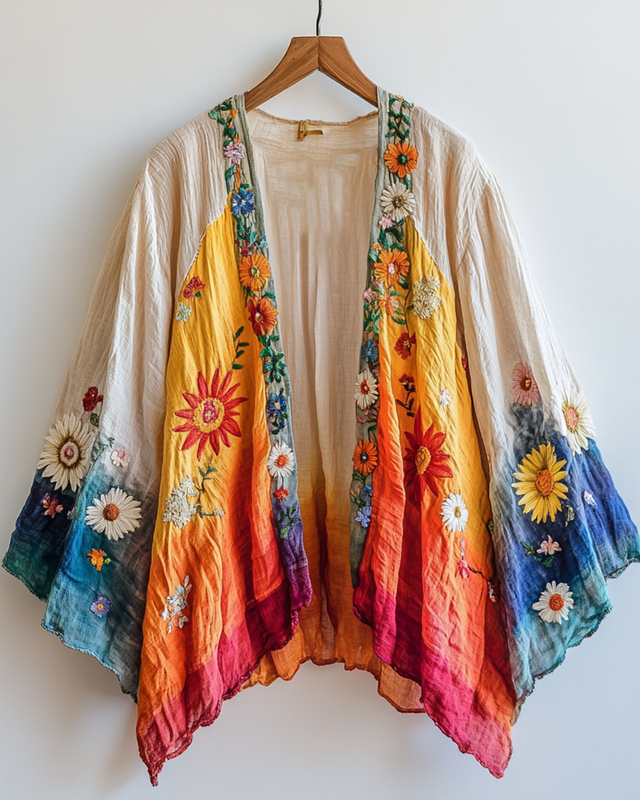 Summer Rainbow Gradient Daisy Embroidered Cardigan f162