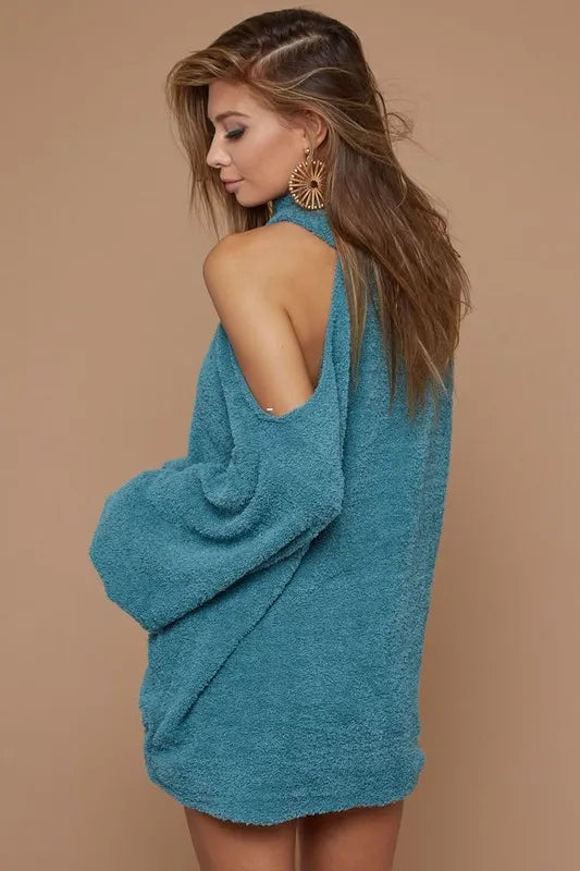 Belle Sweater Knit Open One Shoulder Turtle Neck