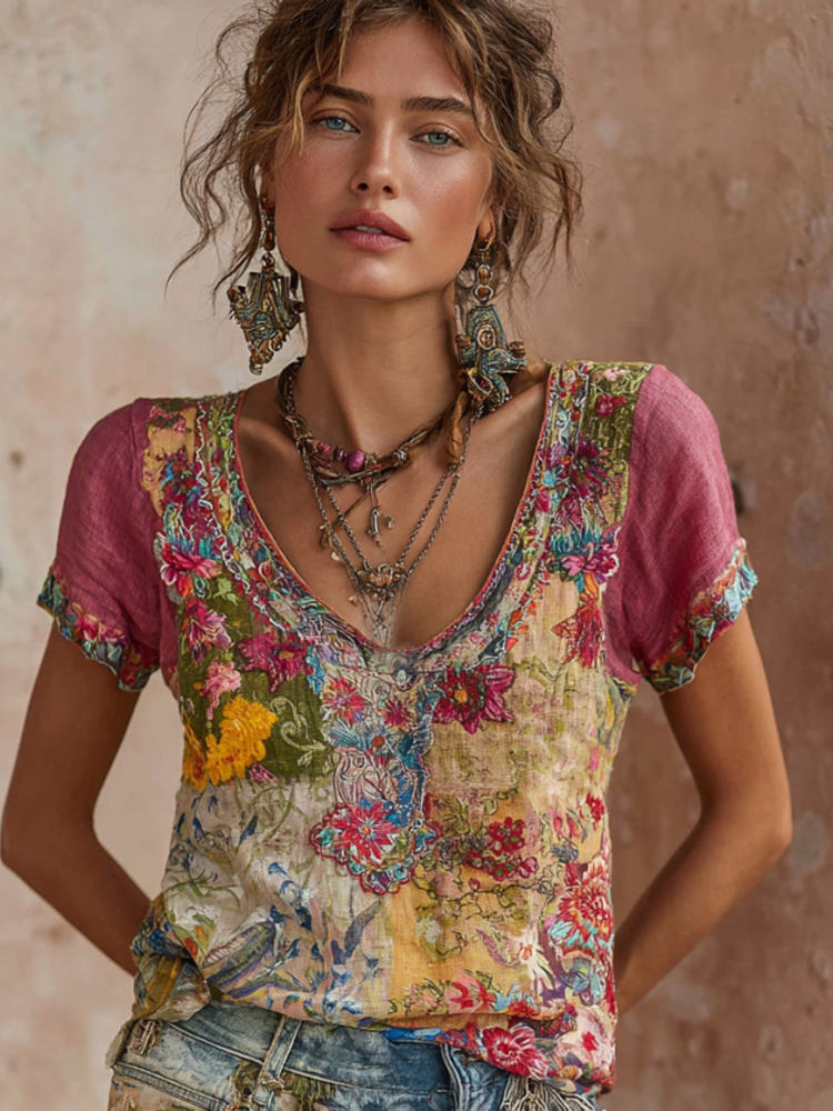 Women's Bohemian Floral Embroidery Patchwork Art Round Neck Short Sleeve Linen Blend T-shirt