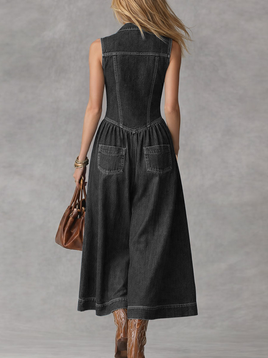 Women's Sleeveless Casual Loose Denim Wide-leg Jumpsuit With Lapel Collar