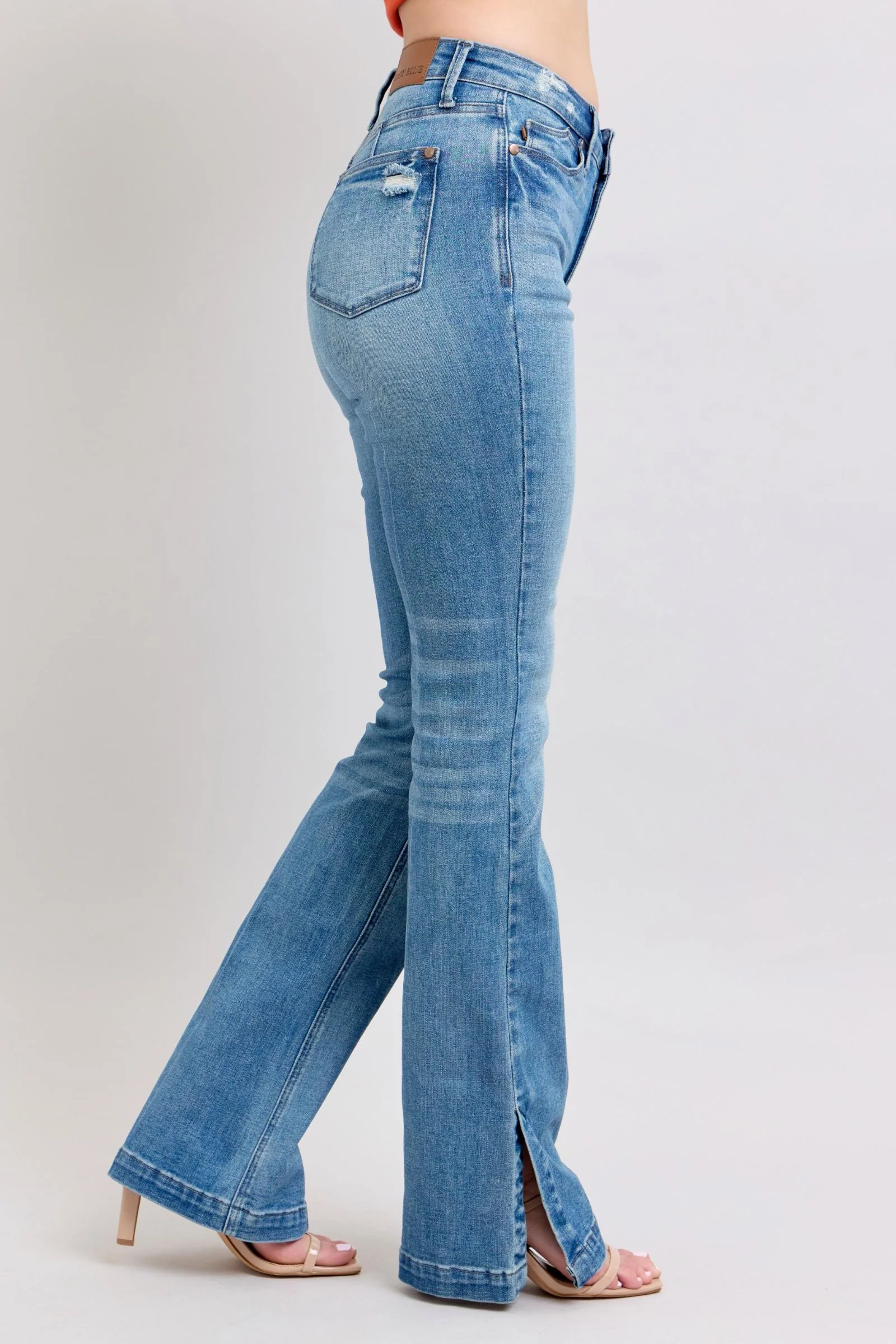 Blue Full Size High Waist Tummy Control Vintage Wash Side Slit Slim Boot Jeans