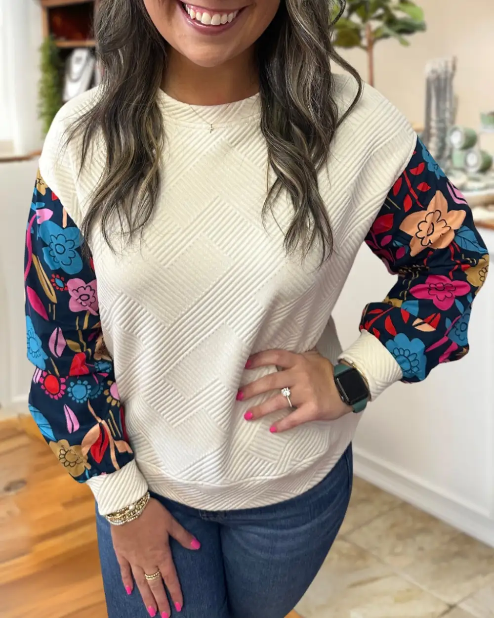 Floral Sleeve Texture Sweatshirt