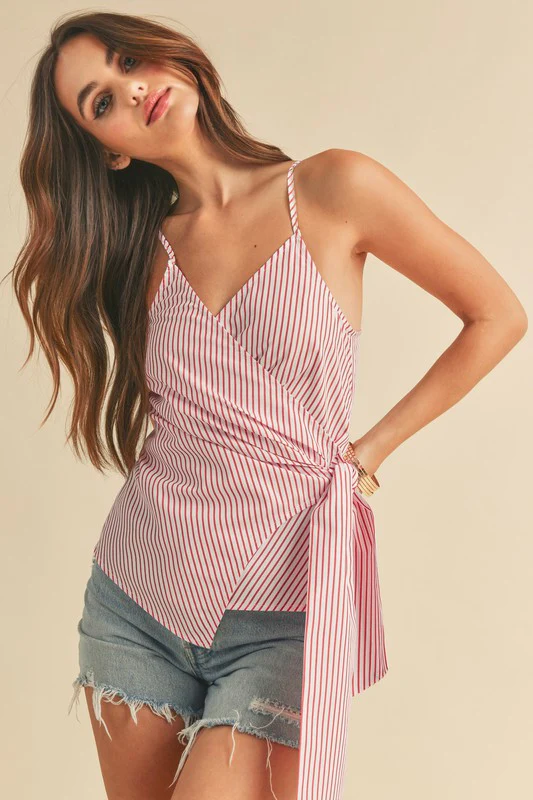 Side Knotted Surplice Striped Cami