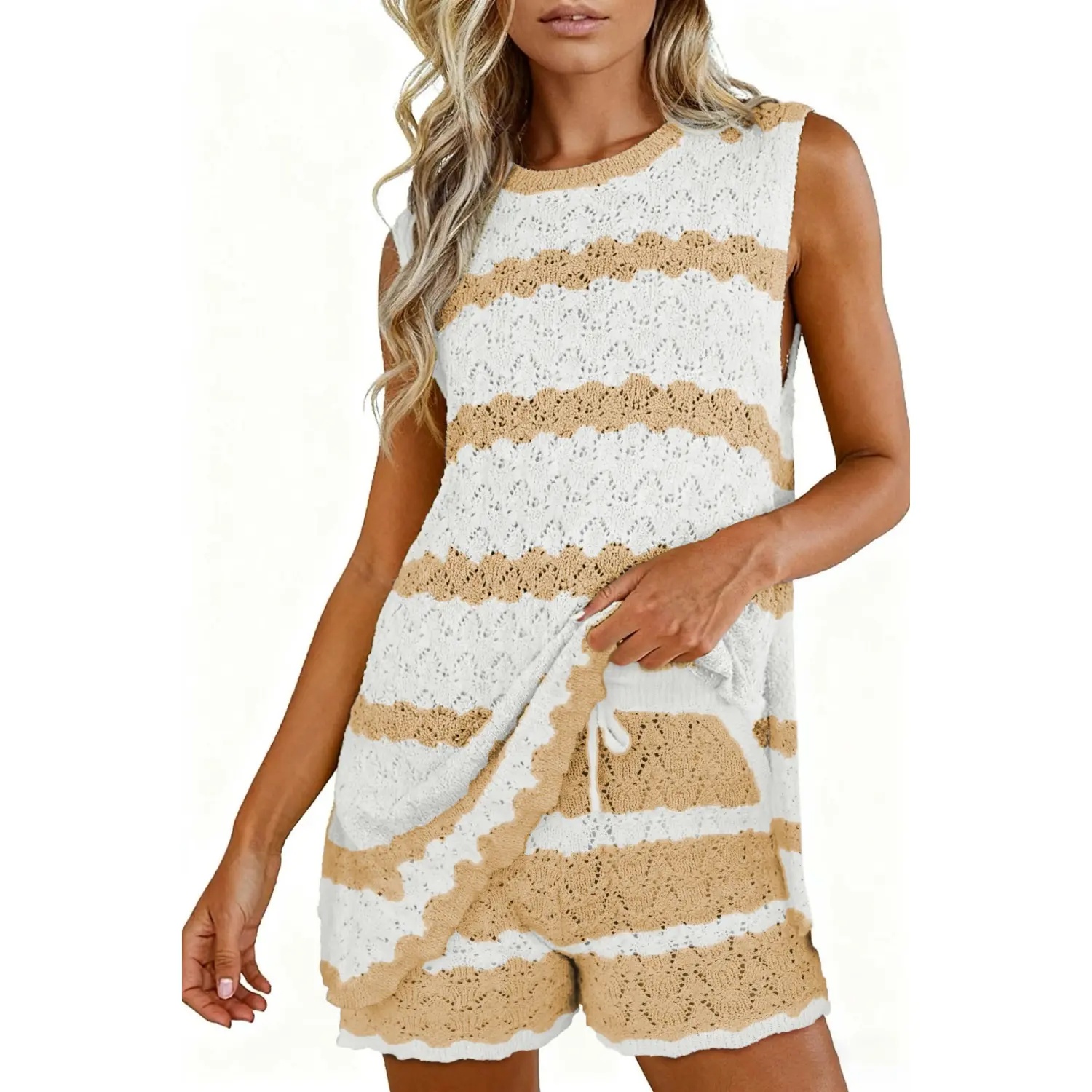 Womens Striped Crochet Knit 2 Piece Set