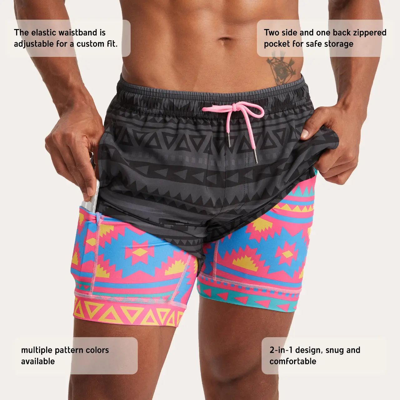 2 in 1 Stretch Short Lined Black Mayan Gym Shorts, Breathable Comfort Workout Athletic Training Shorts with Phone Pockets,Lightweight Quick Drying Drawstring Sports Shorts for Gym Fitness,Outfits Going Out Outfit, Menswear Clothes Bottoms