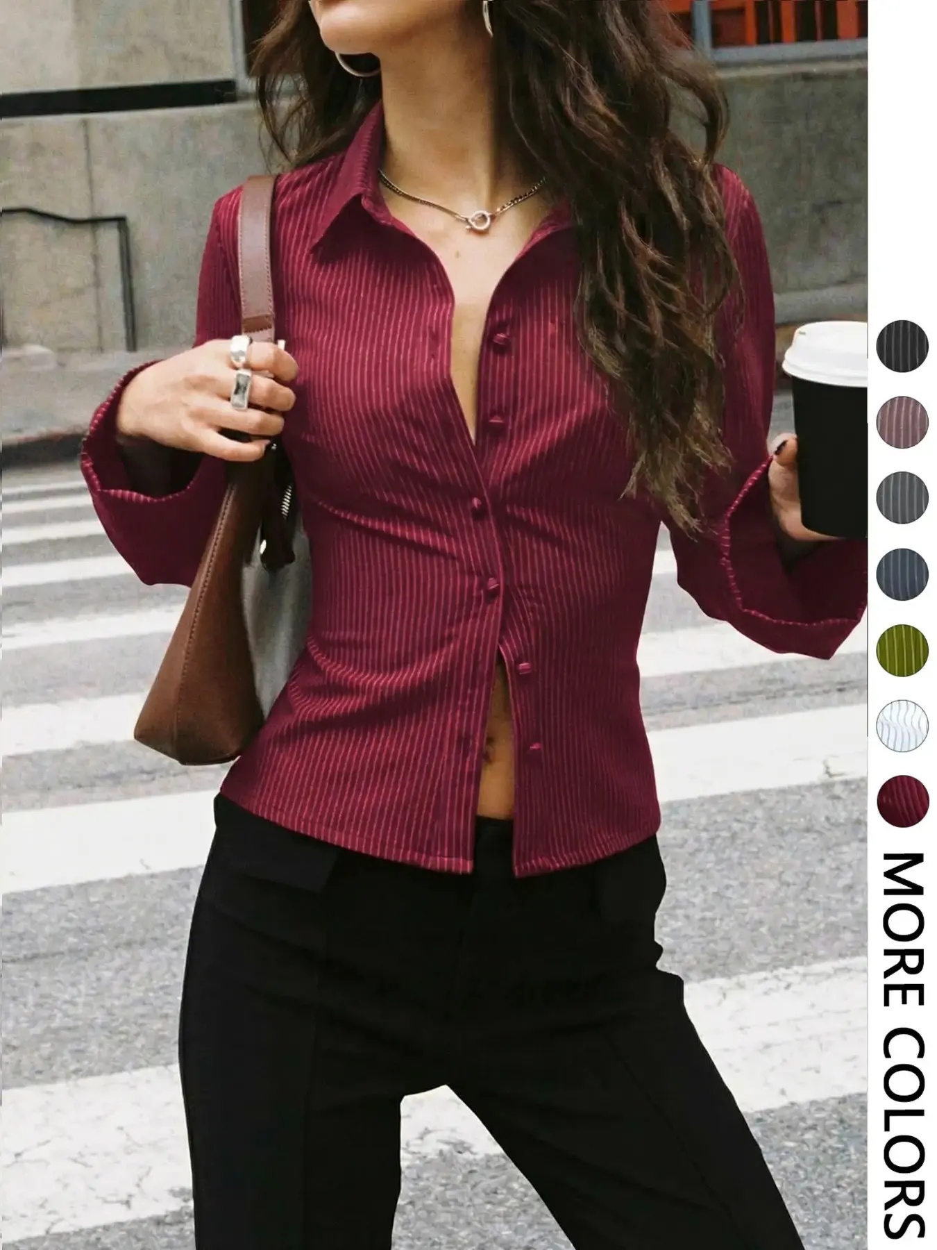 Women's All-Over Striped Print Button Front Blouse