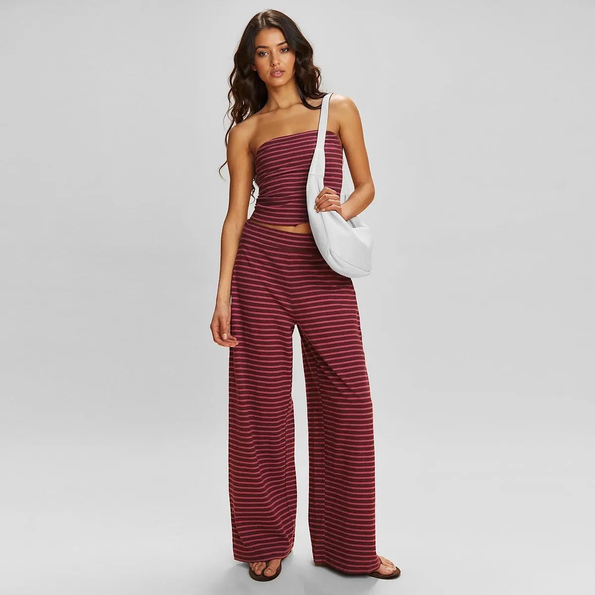Women's Chic Color Matching Stripe Slim Tube Top & Low-Rise Wide Leg Trousers Co-ord, Soft Spring & Summer Holiday Outfits