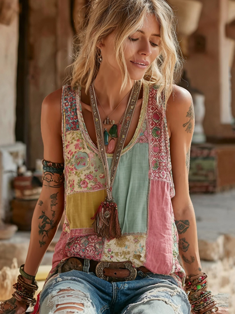 Vintage Floral Patch Art Linen Tank Top