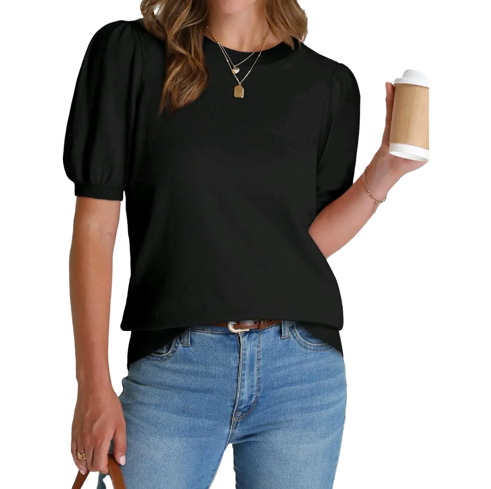 OFEEFAN Women's Puff Short Sleeve Sweater – 2025 Spring/Summer Trendy Business Casual Work Blouse