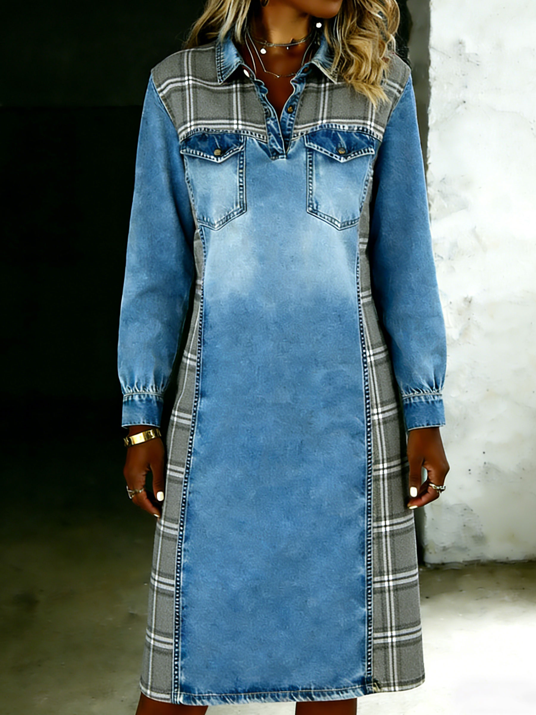 Women's Casual Fashionable Denim Patchwork Contrast Colors Dress
