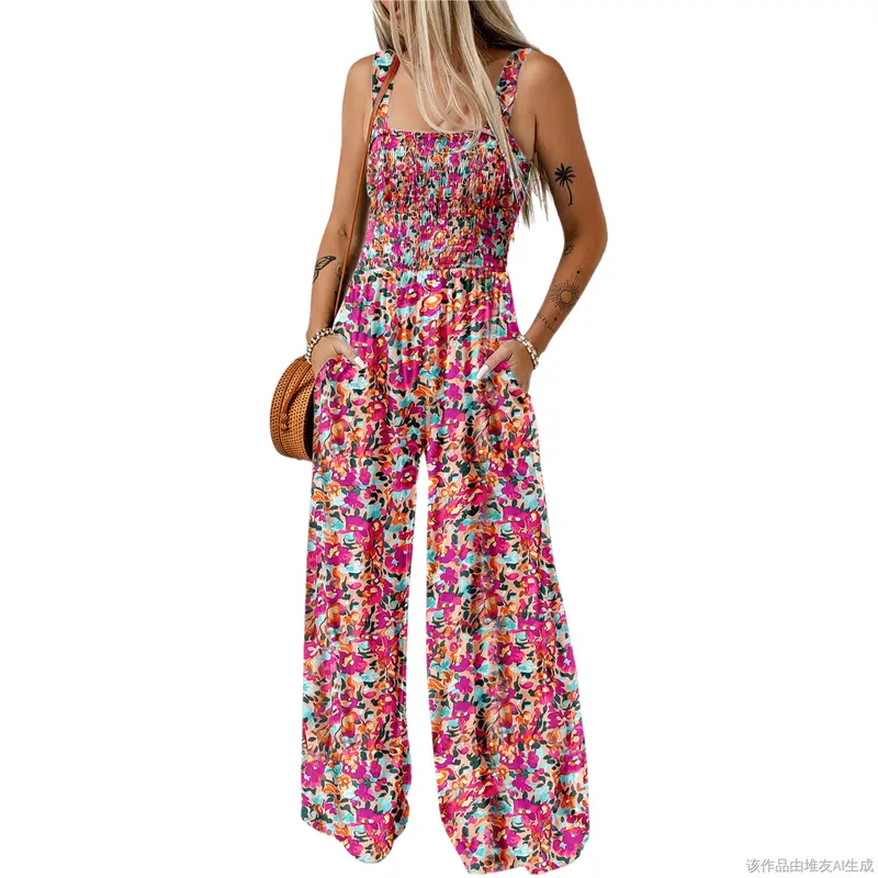 Women's Casual Loose Overalls Jumpsuits One Piece Sleeveless Printed Wide Leg Long Pant Rompers With Pockets Bohemian Womenswear