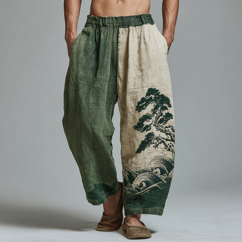 Men's Japanese Waves & Pine Embroidered Contrast Color Linen Pants
