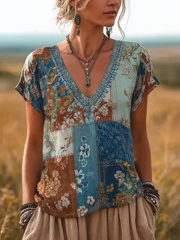 Bohemian Style Plant And Flower Pattern Women's Cotton And Linen T-shirt