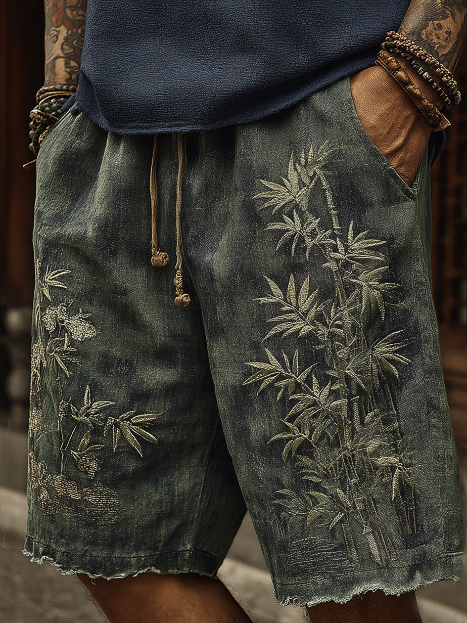 Vintage Japanese Bamboo Embroidery Art Linen Blend Casual Shorts