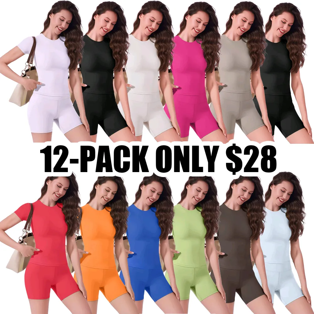 Women's 2-Piece Sportswear Set – Crew Neck Short Sleeve T-Shirt & High Waist Biker Shorts