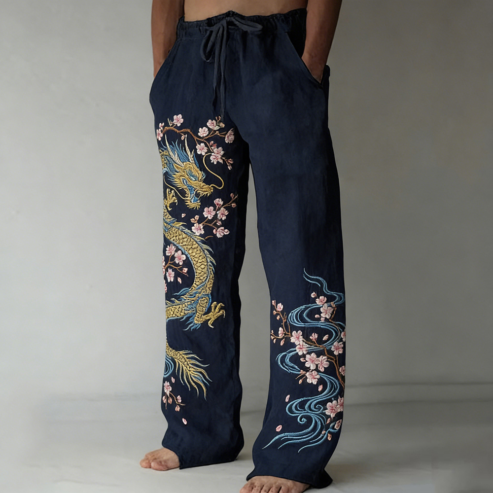 Men's Japanese Dragon & Cherry Blossom Art Cozy Linen Pants