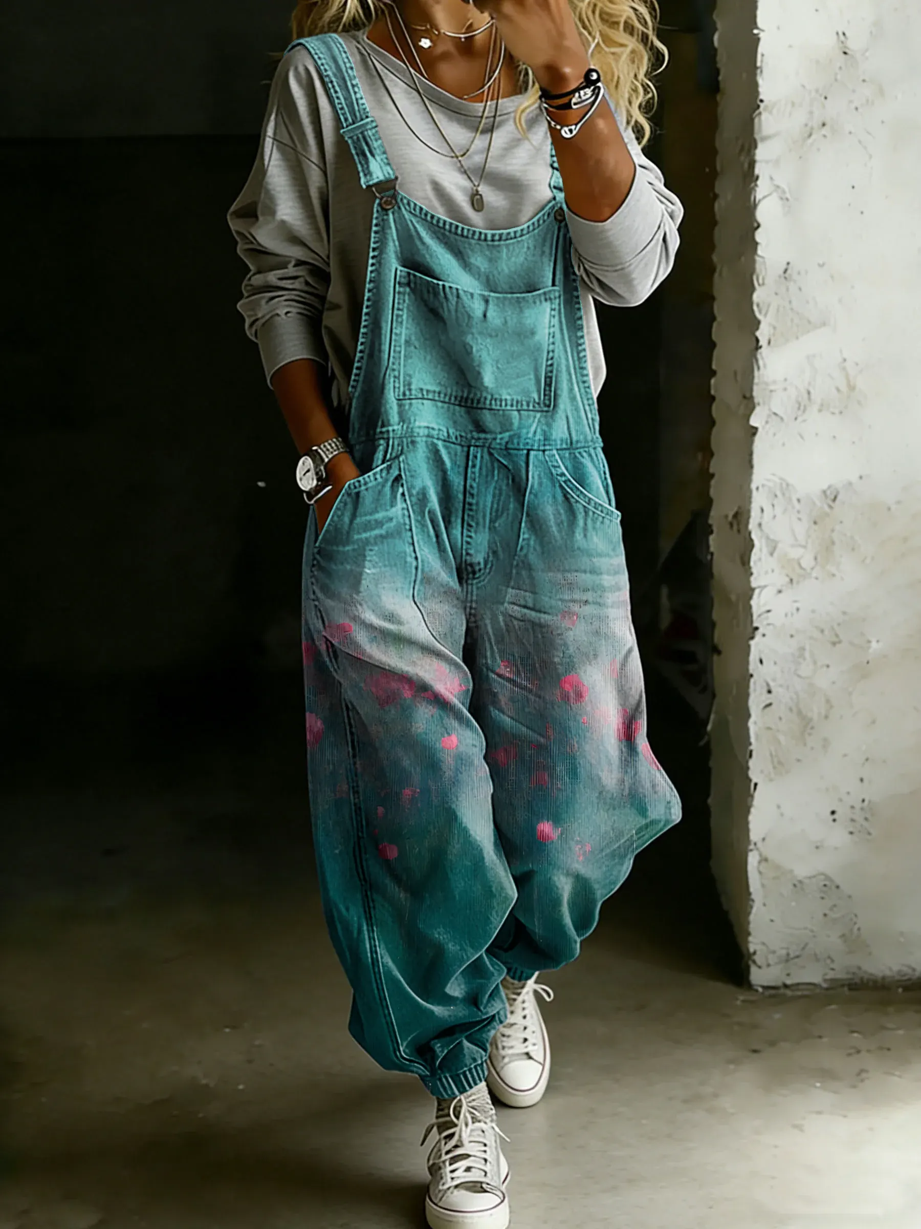 Women’s Vintage Floral Art Print Casual One Piece Denim Jumpsuit