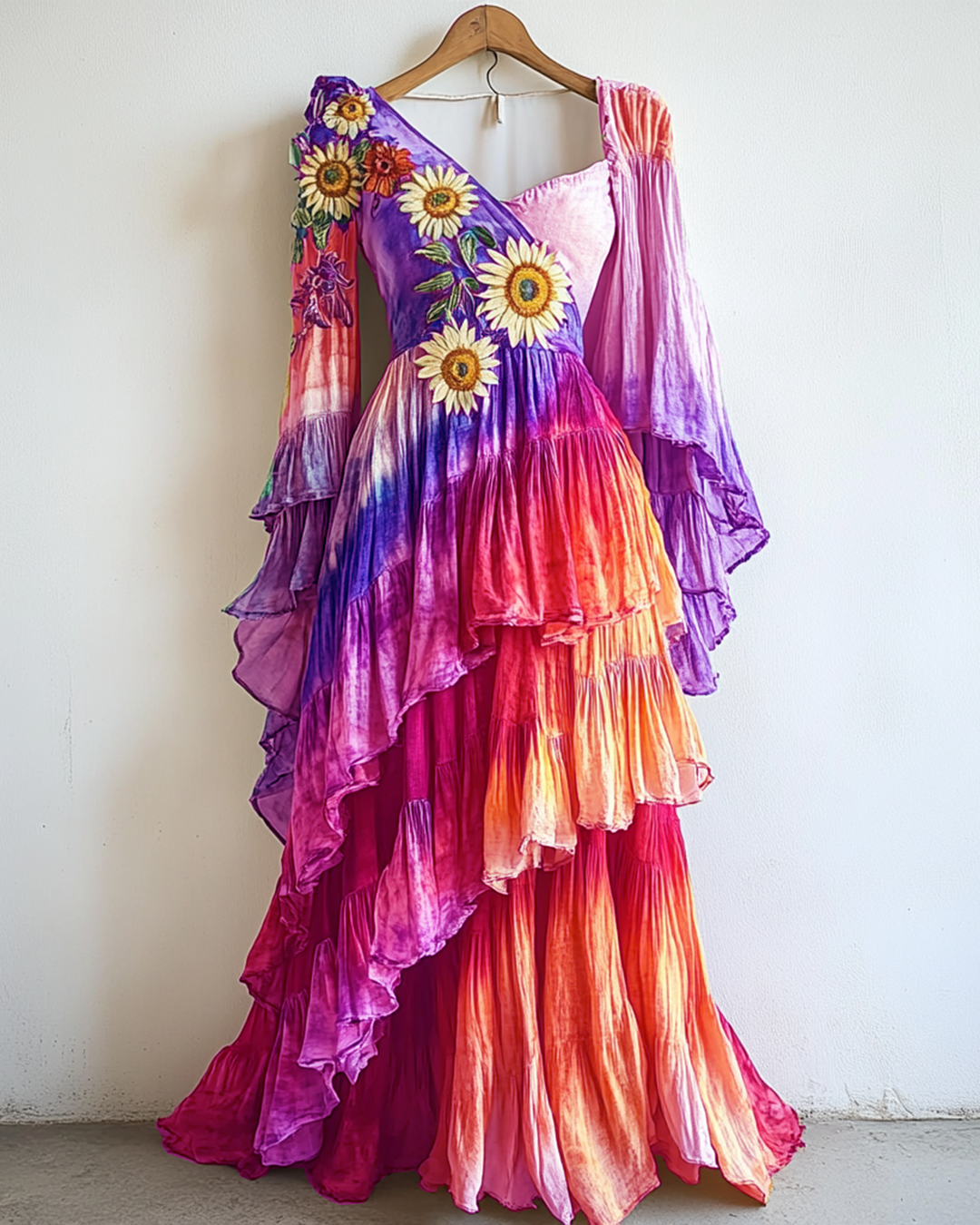 Rainbow Linen Ruffle Daisy Embroidery Irregular Dress 4d6d