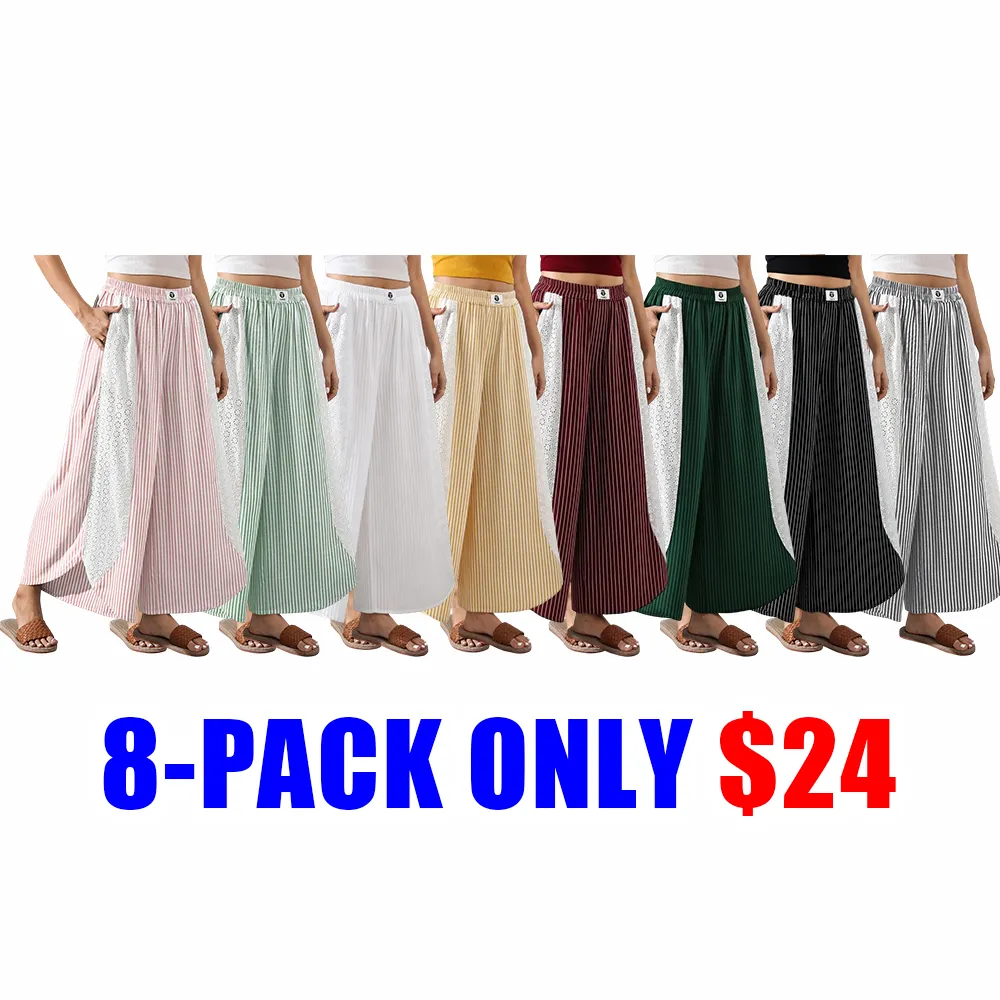 Women’s Boho Striped Wide Leg Palazzo Pants with Lace Panel