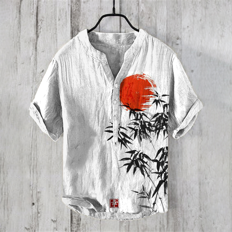 Japanese Bamboo Forest And Red Sun Art Linen Casual Shirt
