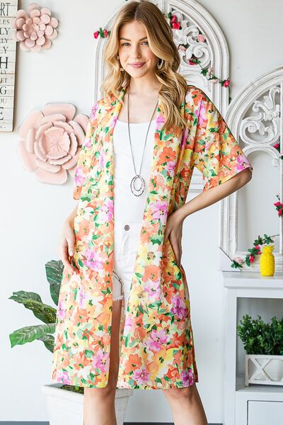 Full Size Half Sleeve Multi Color Floral Open Cardigan