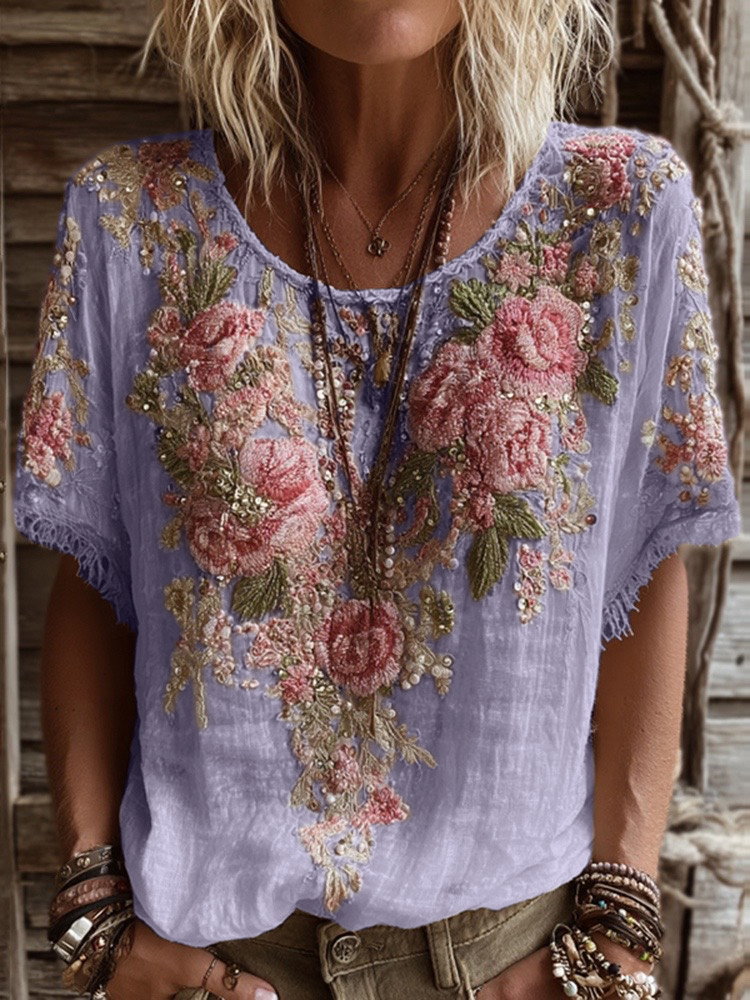 Women's Pink Rose Embroidery Art Round Neck Short Sleeve Linen Blend T-shirt