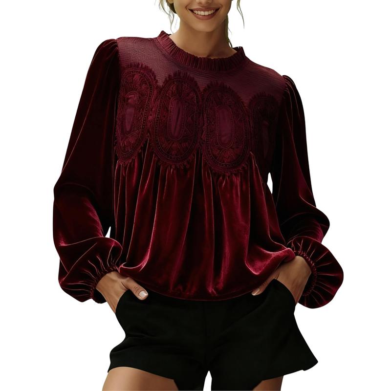 Women’s Elegant Velvet Lace Long Sleeve Blouse